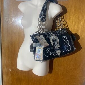 Montana West concealed carry purse NWT Black white silver chain/leather handles